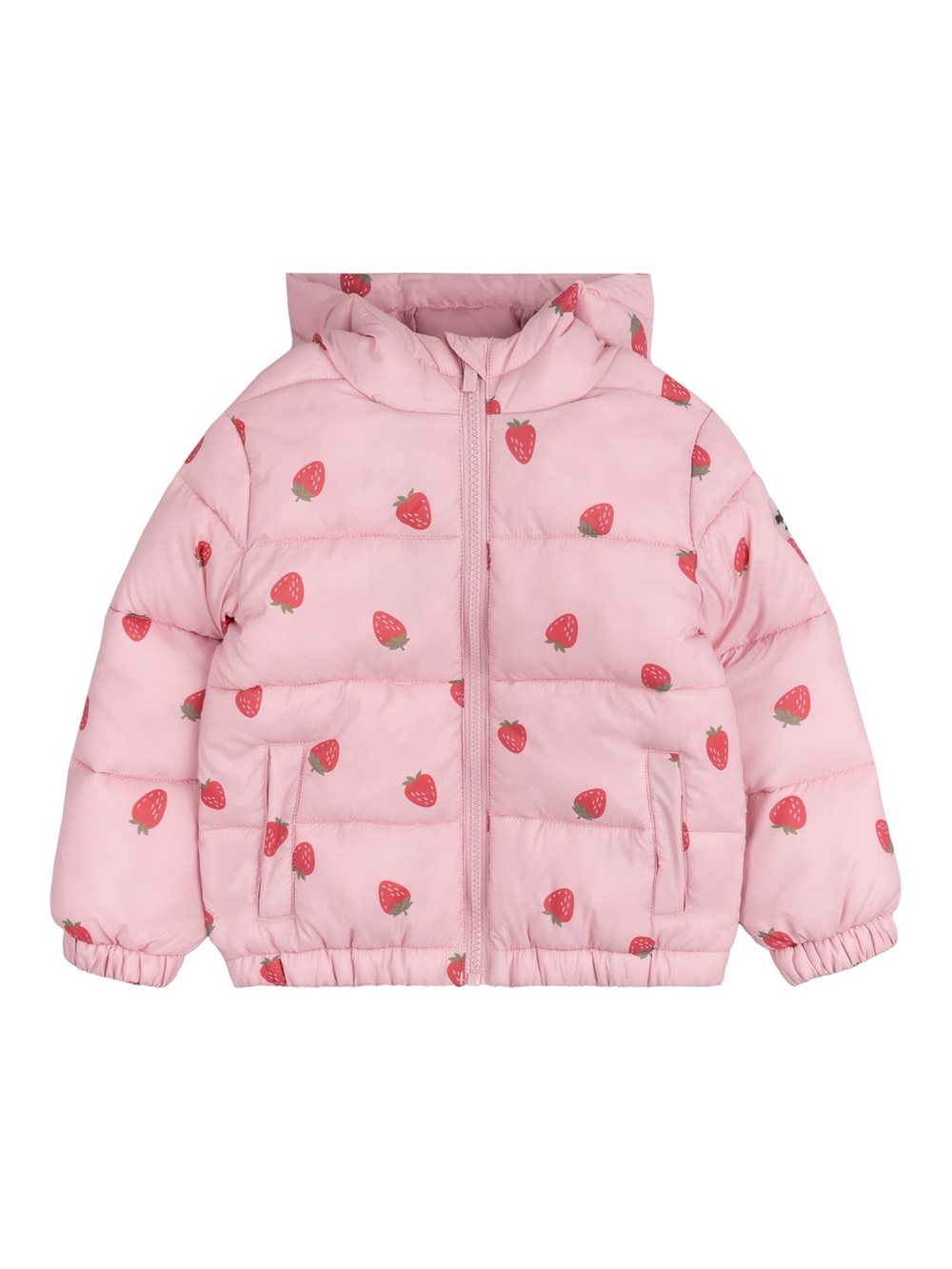 Kids Pink Strawberry Print Puffer Jacket